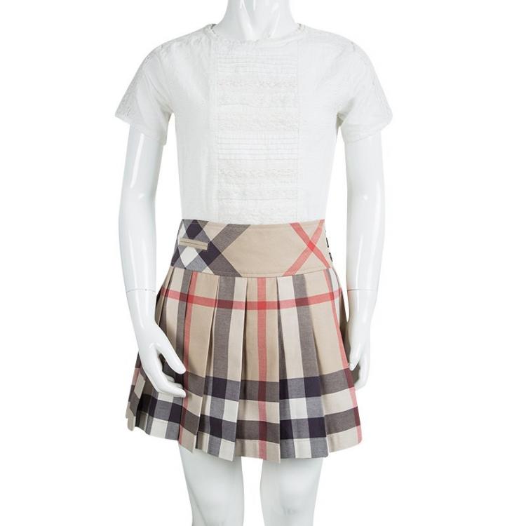 Burberry Children Beige Novacheck Cotton Pleated Serena Mini Skirt